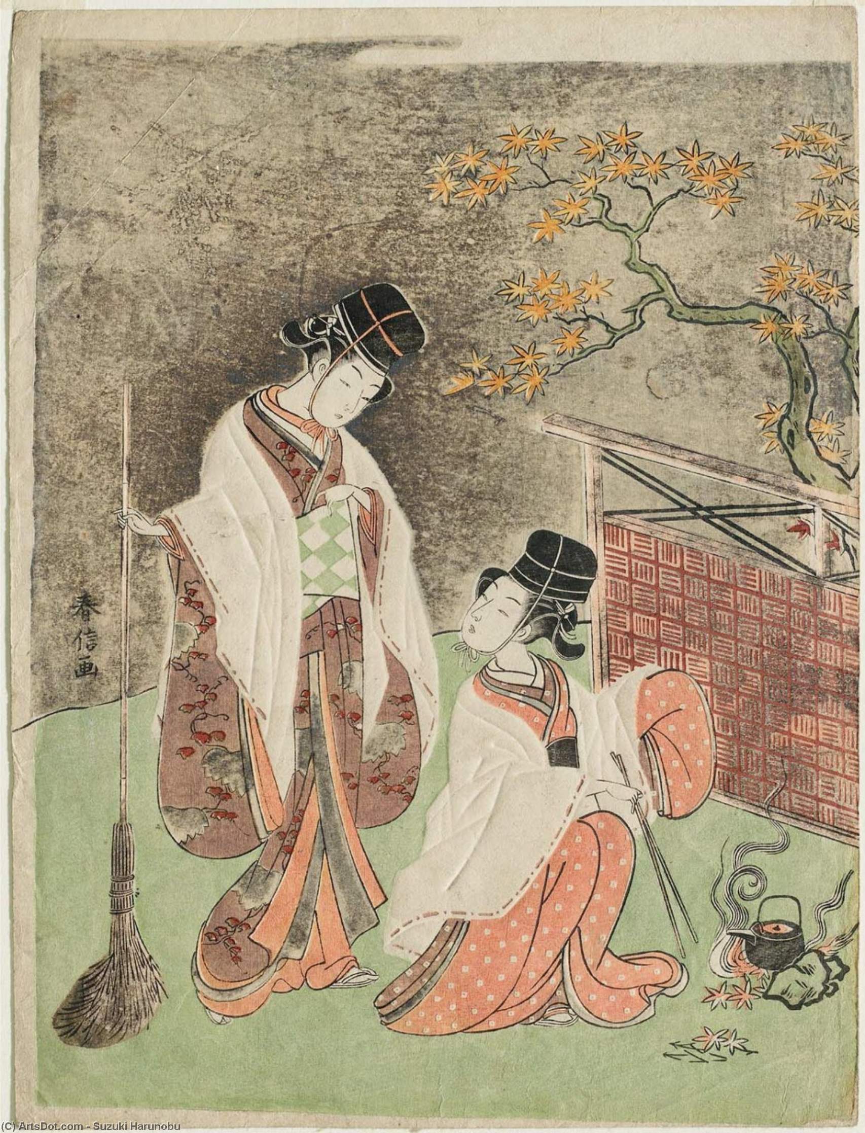Women Dressed As Palace Attendants Burning Leaves To Heat Sake — Suzuki Harunobu