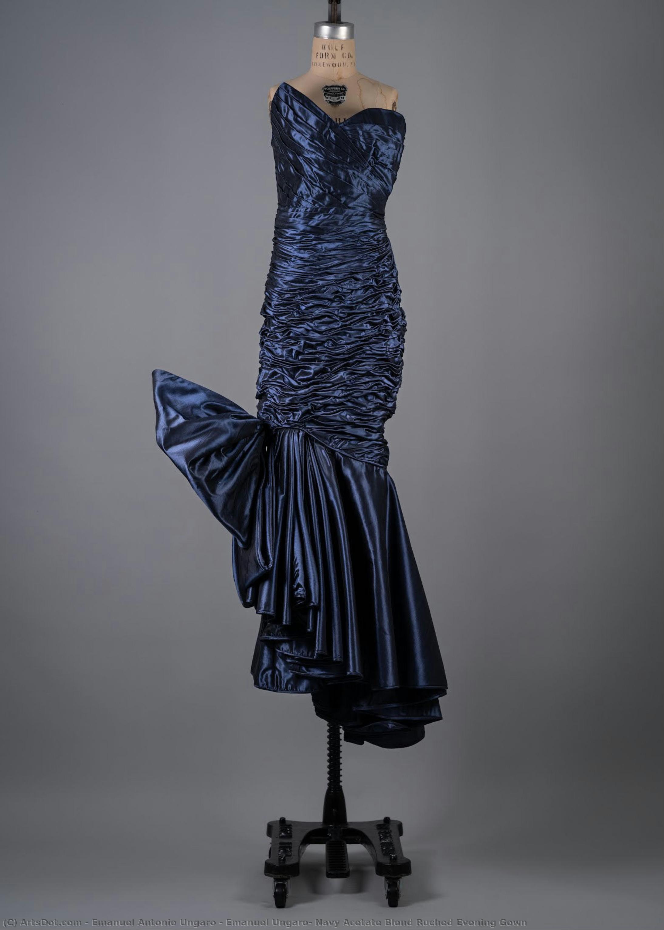 Emanuel Ungaro, Navy Acetate Blend Ruched Evening Gown — Emanuel Antonio Ungaro