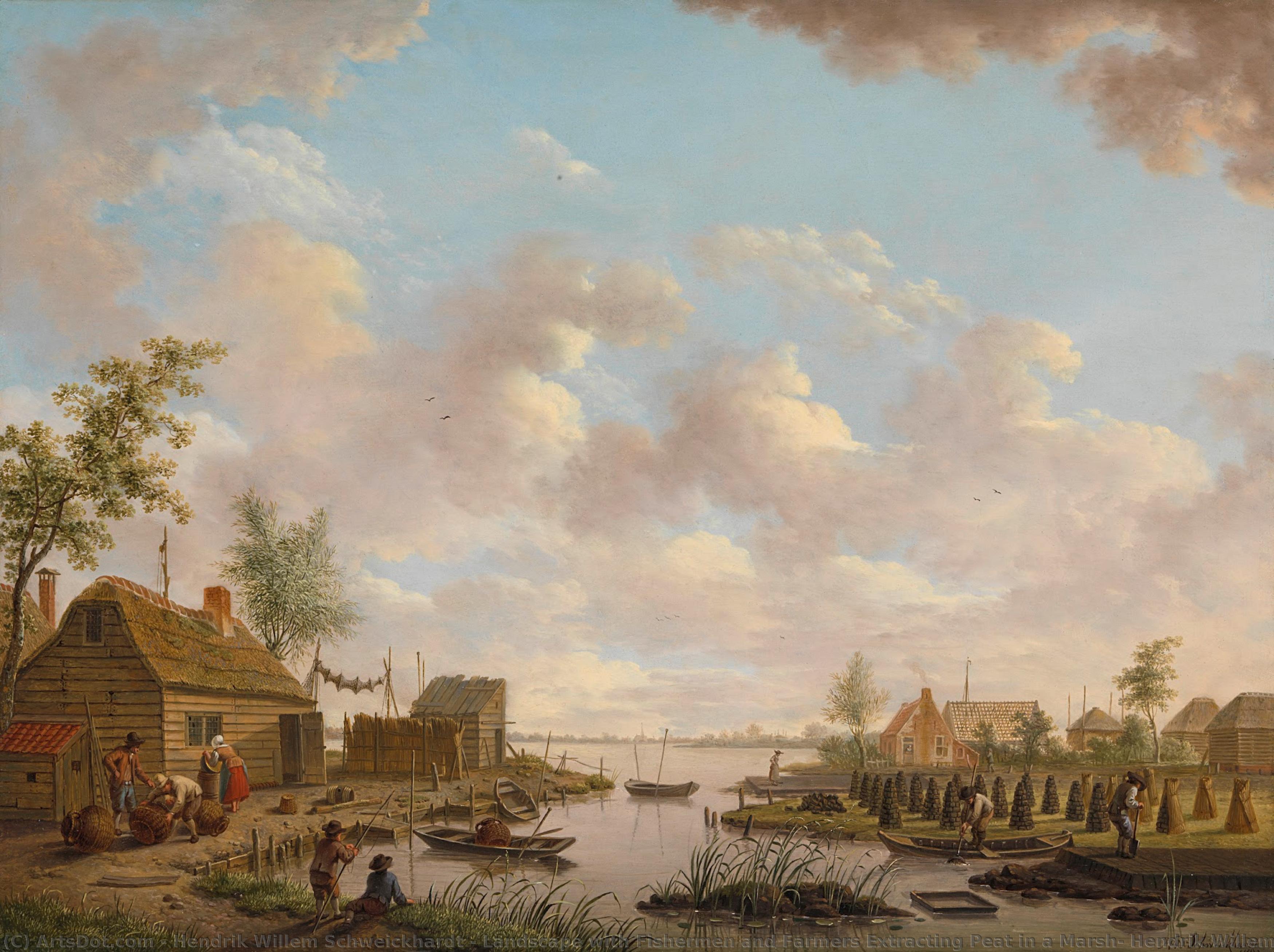 Landscape With Fishermen And Farmers Extracting Peat In A Marsh, Hendrik Willem Schweickhardt, 1783 — Hendrik Willem Schweickhardt