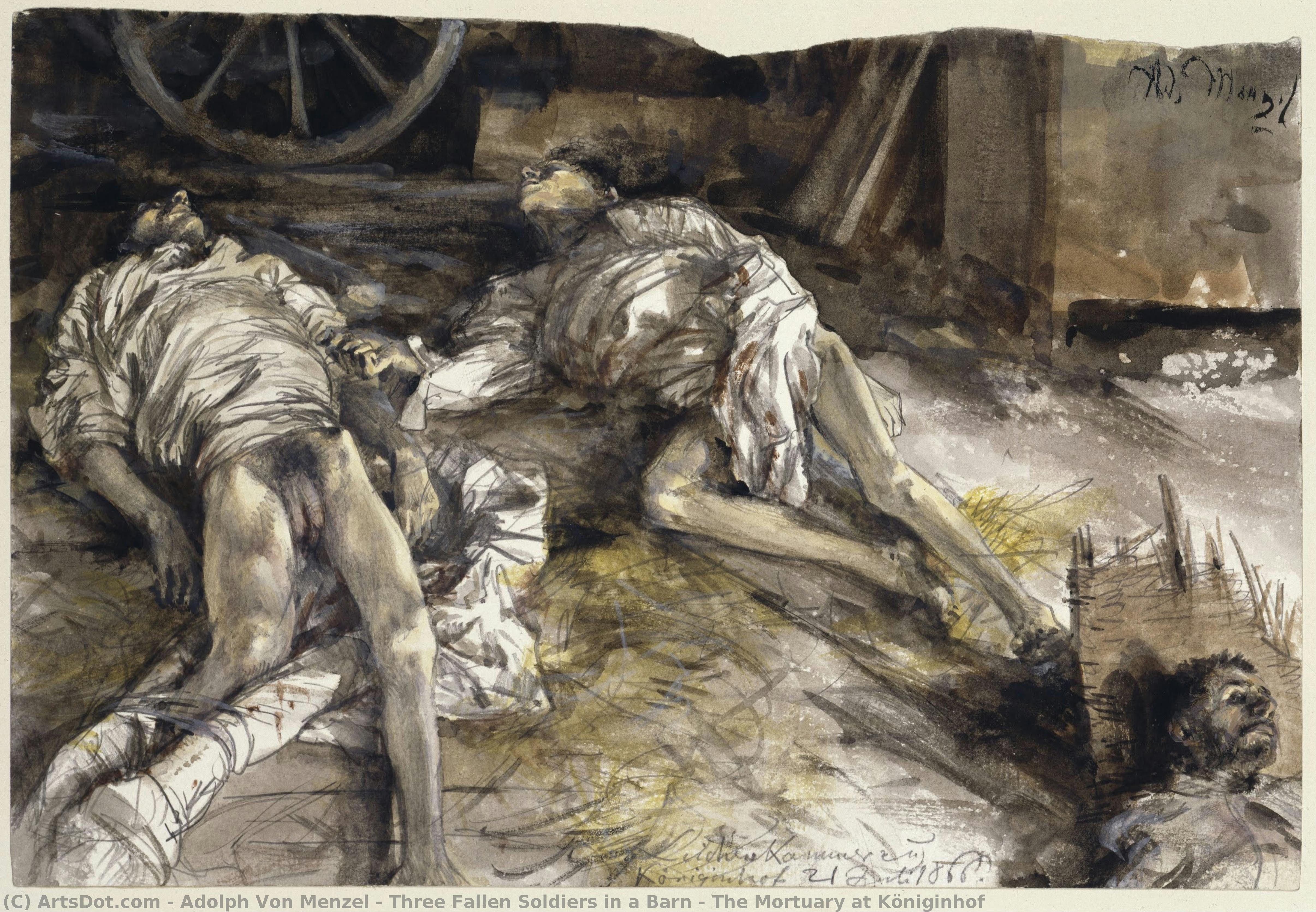Three Fallen Soldiers In A Barn / The Mortuary At Königinhof — Adolph Von Menzel