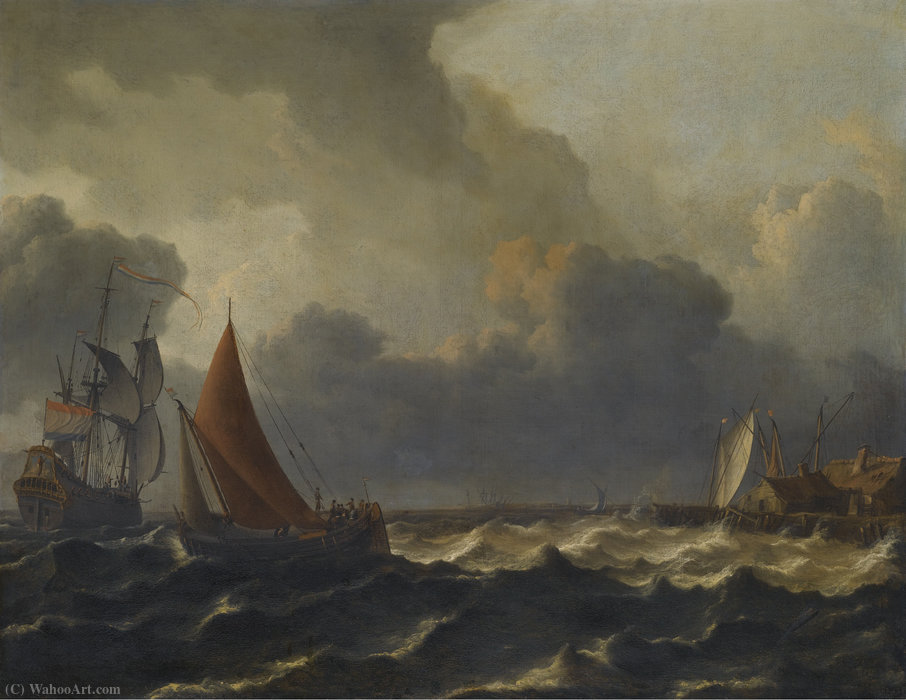 A Smalschip Closed Hauled In A Stiff Breeze With A Flagship Offshore To The Left And A Jetty To The Right — Aernout Smit