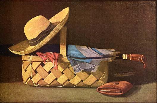 Market Basket, Hat And Umbrella, (painting) — John Frederick Peto