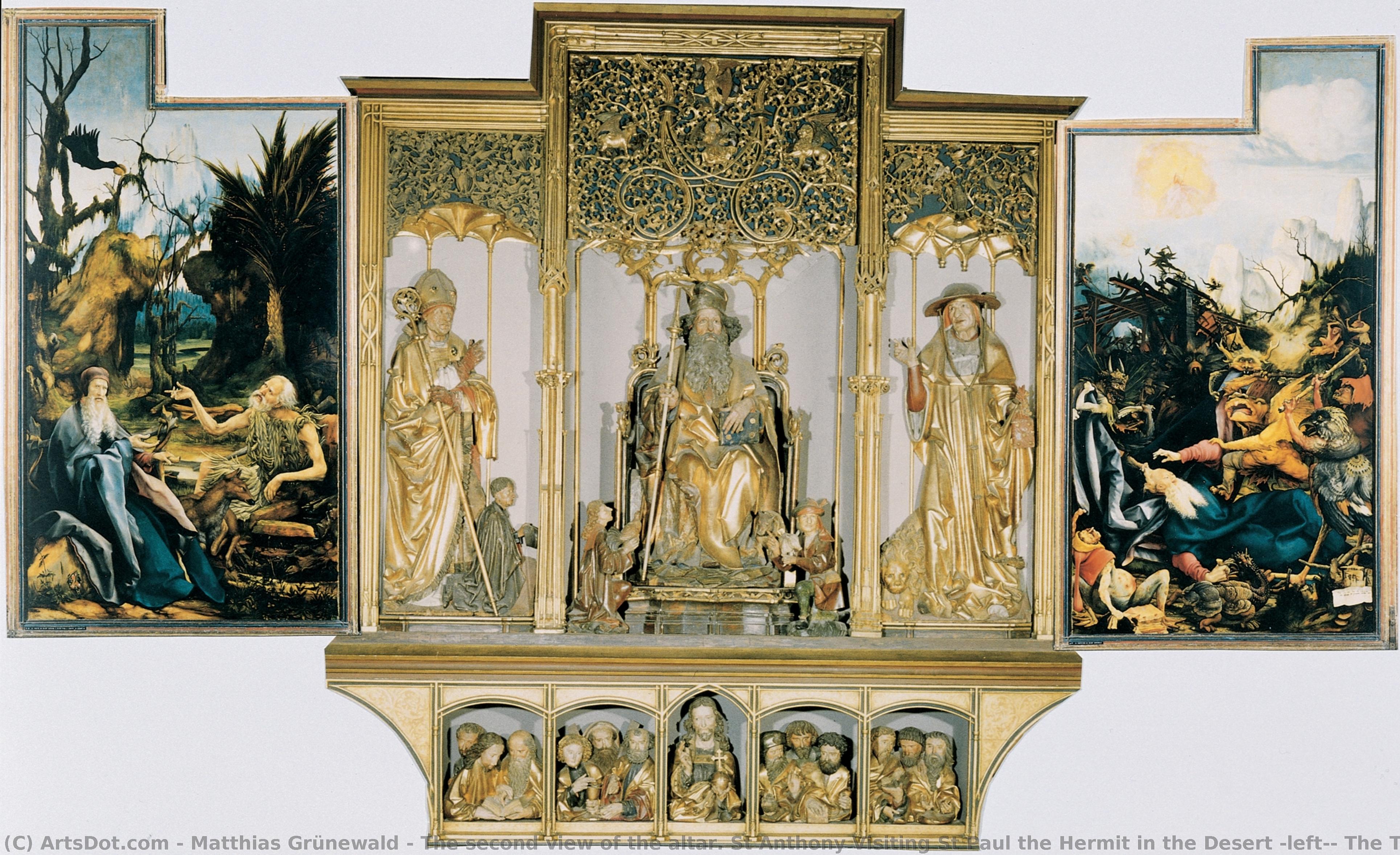 The Second View Of The Altar. St Anthony Visiting St Paul The Hermit In The Desert (left), The Temptation Of St. Anthony (right). Central Part Are Carved Figures Of St. August, St. Anthony, St. Jerome; Bottom Part Jesus With 12 Apostles. — Matthias Grünewald