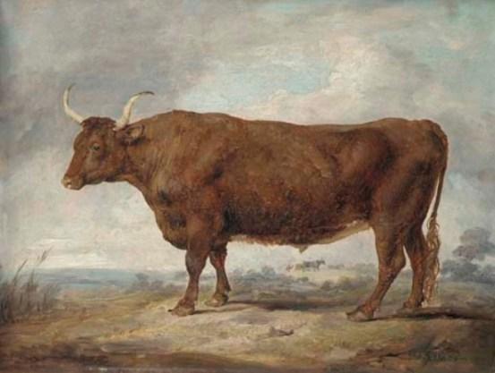 Portrait Of An Ox In A Landscape With A Figure And Two Oxen In The Distance — James Ward