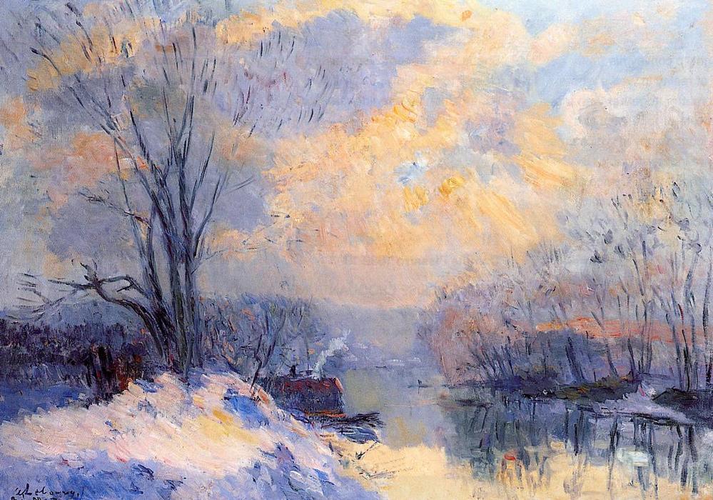 The Small Branch Of The Seine At Bas Meudon, Snow And Sunlight — Albert-charles Lebourg