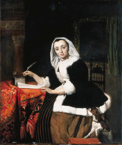 An Elegant Lady Writing At Her Desk, With A Dog Beside Her — Gabriel Metsu