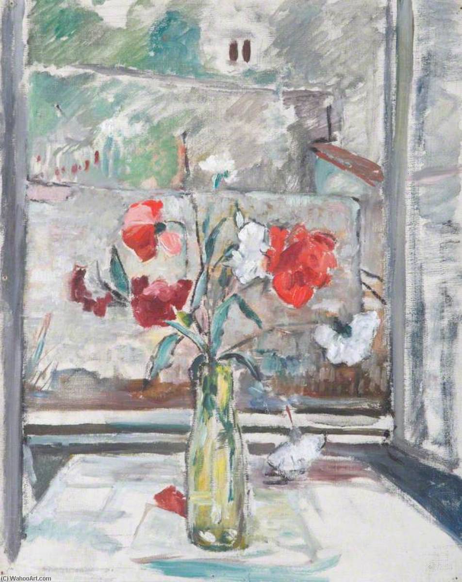 A Vase With Poppies On A Table By A Window, With A View Out — Alan Francis Clutton Brock