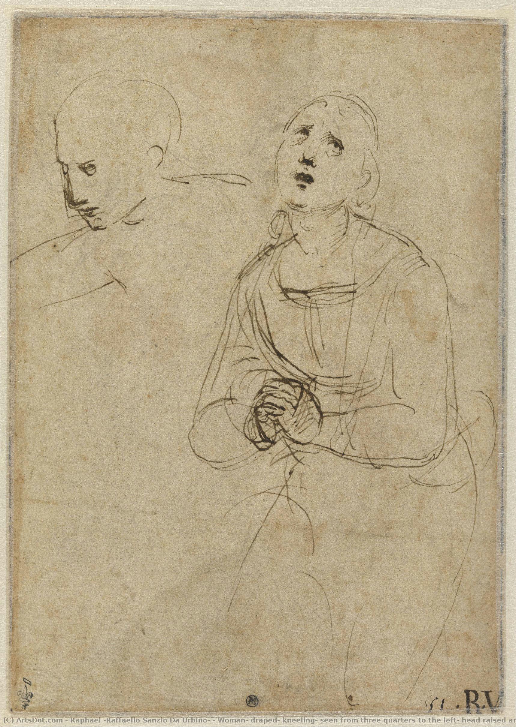 Woman, Draped, Kneeling, Seen From Three Quarters To The Left, Head Raised And Hands Clasped; Man, Seen In The Bust, From Three Quarters To The Left, Right Arm Outstretched. — Raphael