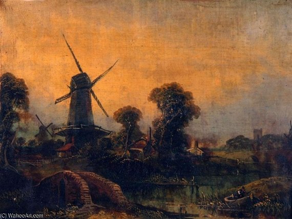 River Landscape With Windmills — Paul Jones