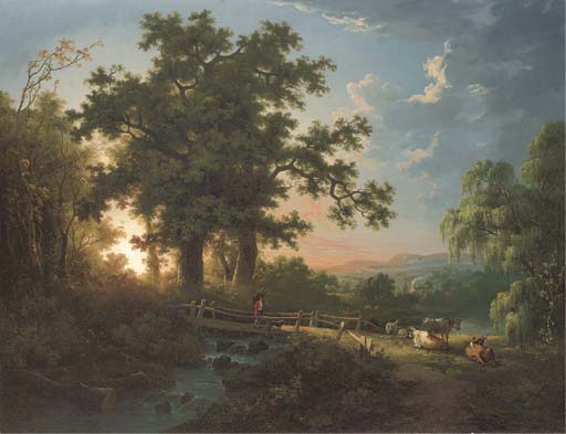 A Wooded River Landscape, With A Faggot Gatherer On A Bridge, Cattle And Sheep — Abraham Pether