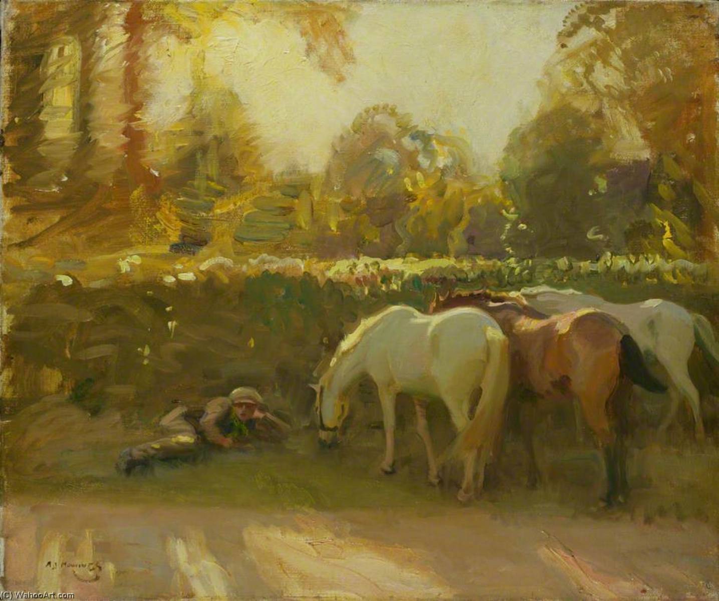 Gypsy Horses Grazing By A Roadside With A Boy Asleep On A Verge — Sir Alfred James Munnings