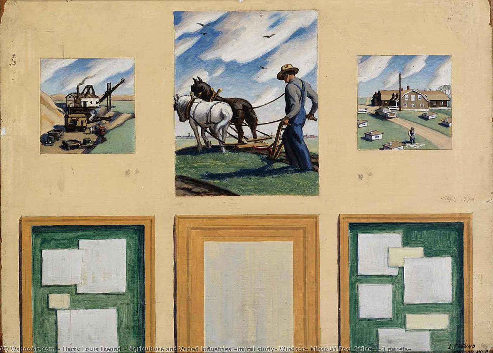 Agriculture And Varied Industries (mural Study, Windsor, Missouri Post Office) (3 Panels) — Harry Louis Freund