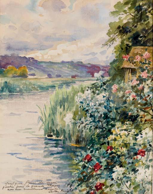 Flowers And Reeds On The Banks Of A River, Hills In The Background — Louis Aston Knight