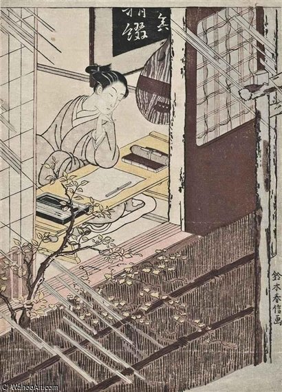 A Woman Seated At A Writing Desk Looking Out At The Rain — Suzuki Harunobu