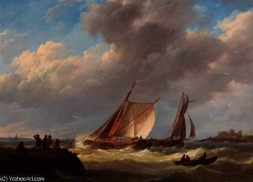 Fishermen On A Jetty Overlooking A River Estuary, A Castle Beyond — Йоганнес Германус Коеккоек