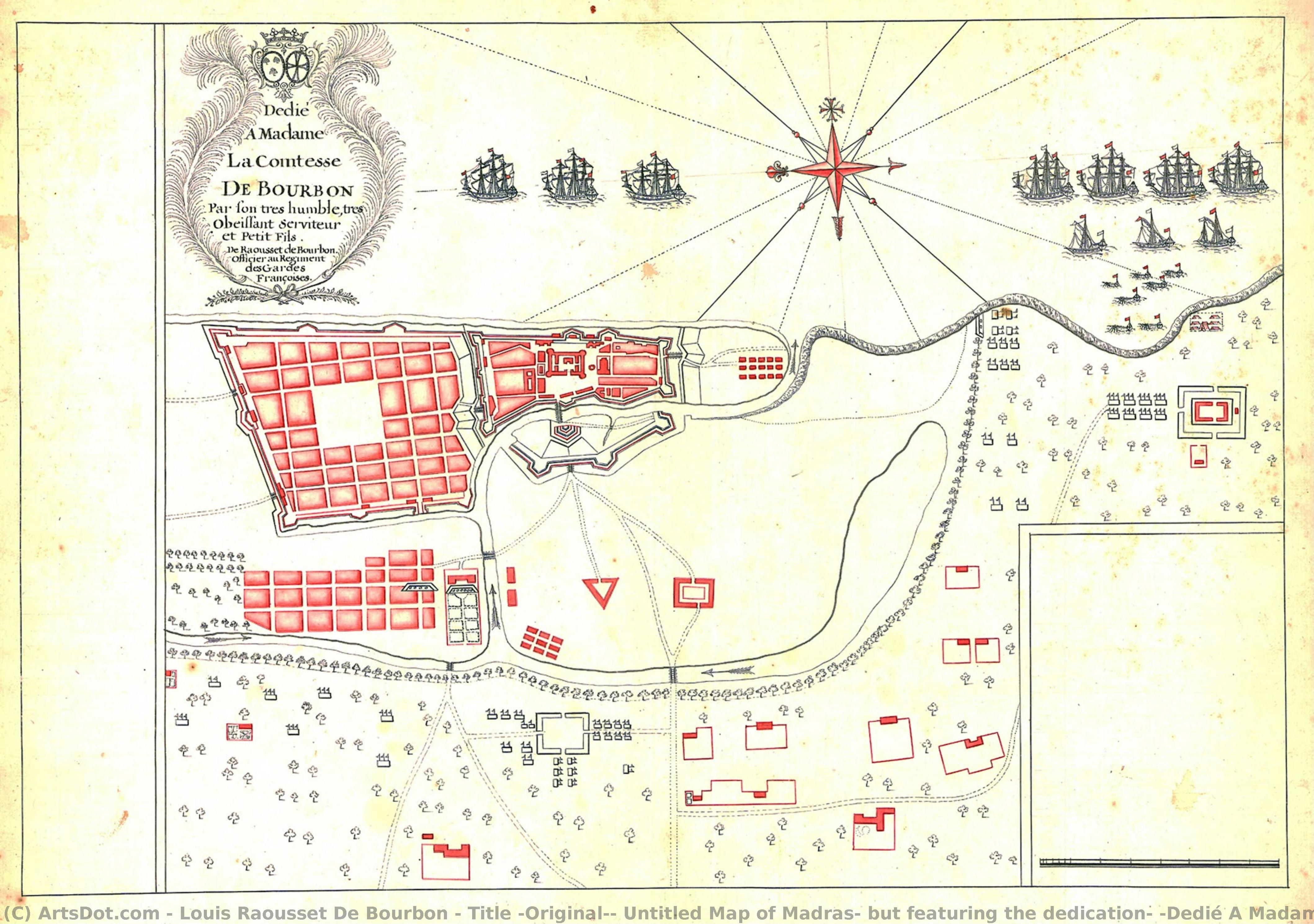 Title (original): Untitled Map Of Madras, But Featuring The Dedication: “dedié A Madame La Comtesee De Bourbon Par Son Tres Humble, Tres Obessant Serviteur Et Petit Fils. De Raousset De Bourbon Officier Au Regiment Des Guardes Françoises.” — Louis Raousset De Bourbon