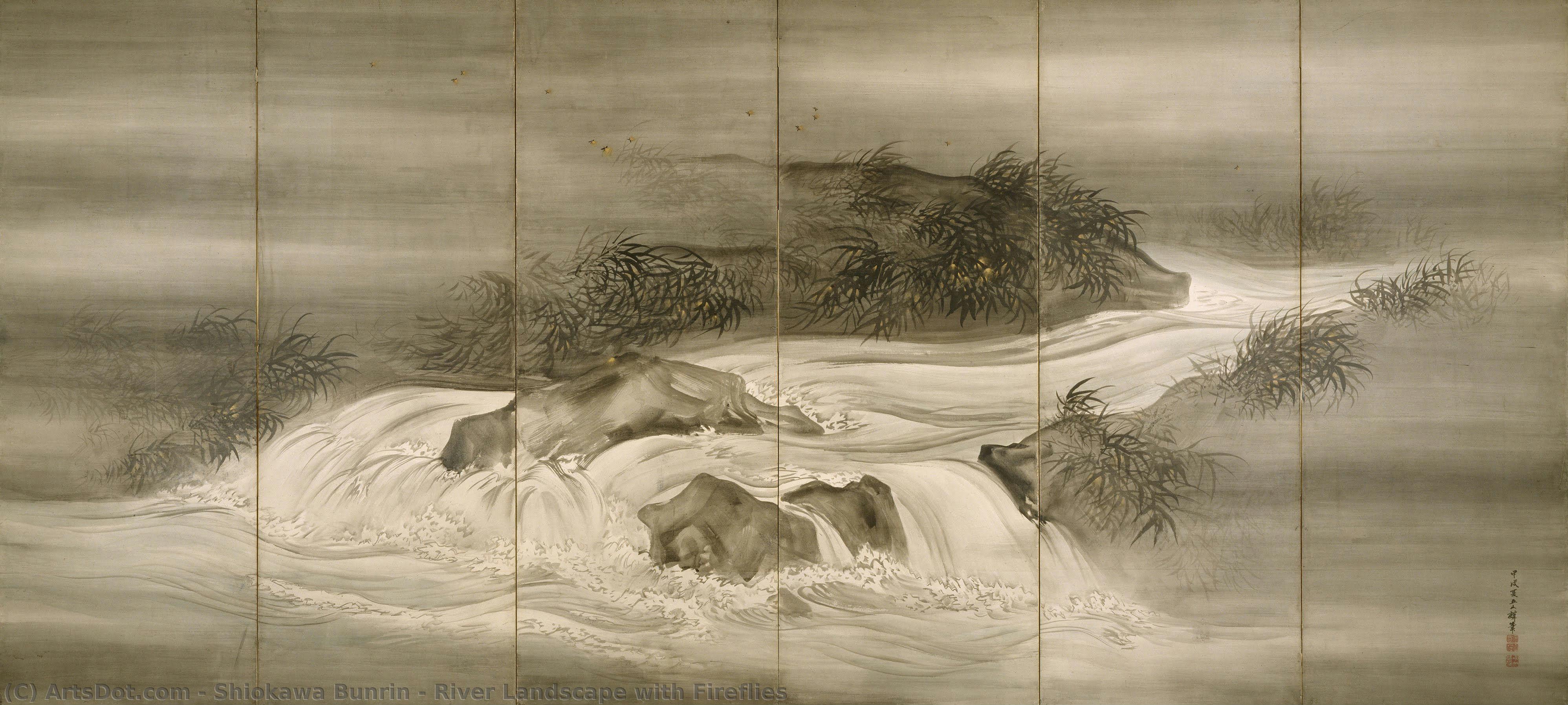 River Landscape With Fireflies — Shiokawa Bunrin