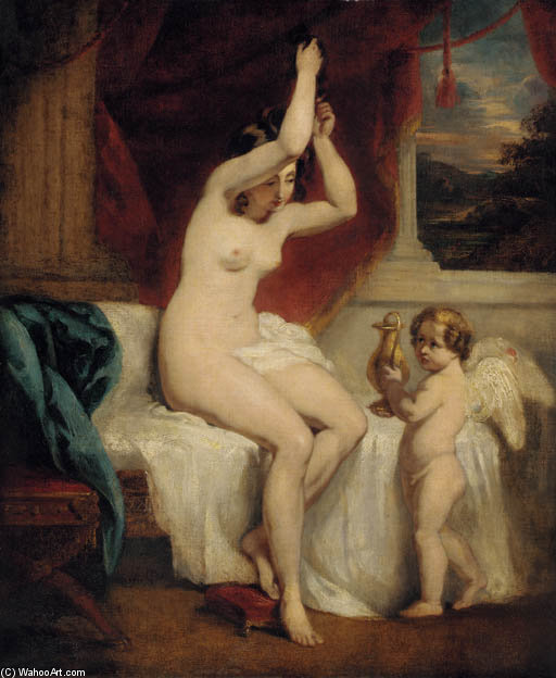 A Seated Female Nude With A Cherub Holding A Gold Water Jug, In An Interior With A Landscape Beyond — William Etty