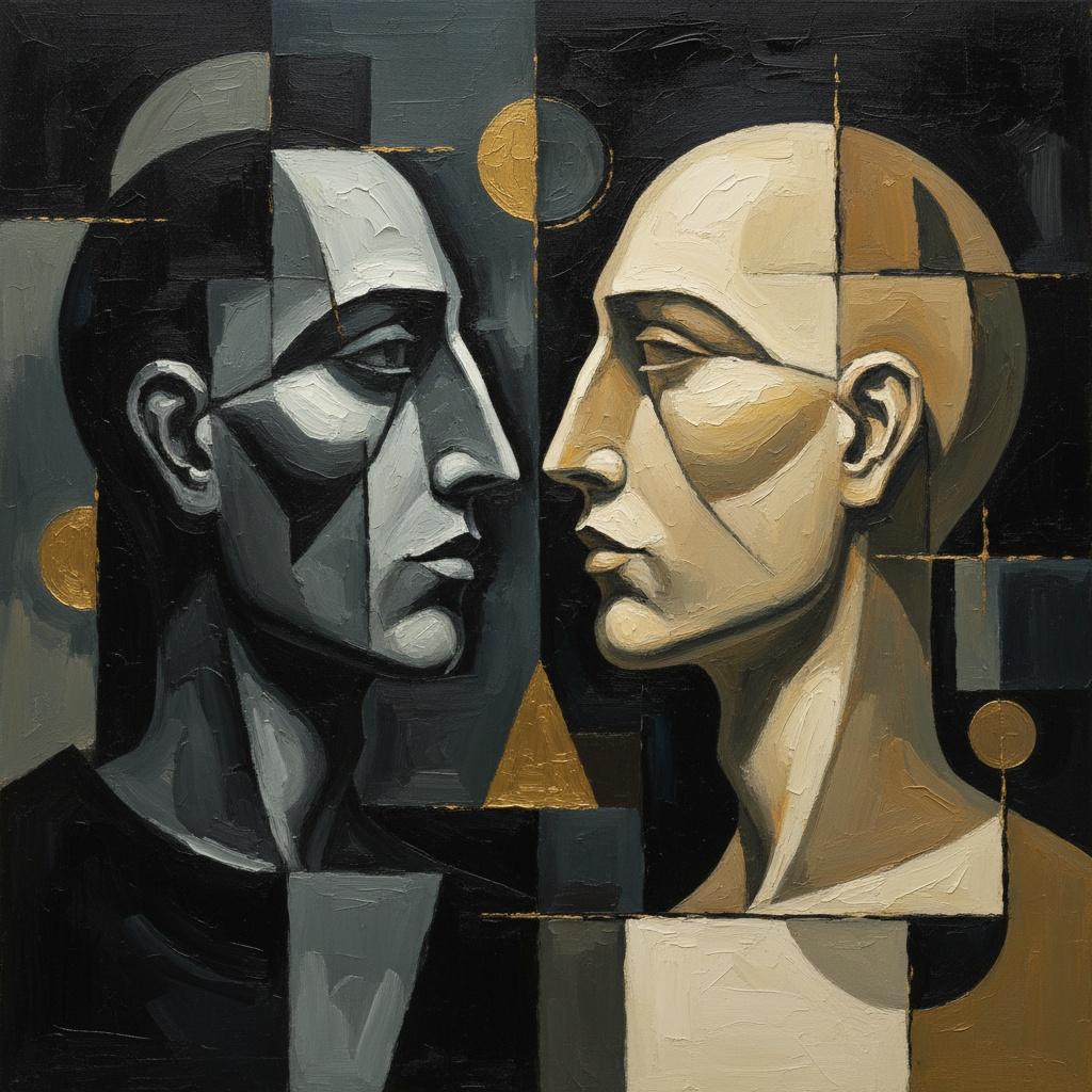 Fragmented Echoes Of Solitude: A Monumental Study In Geometric Dualism And Earthy Shadows — Laurent Fabre