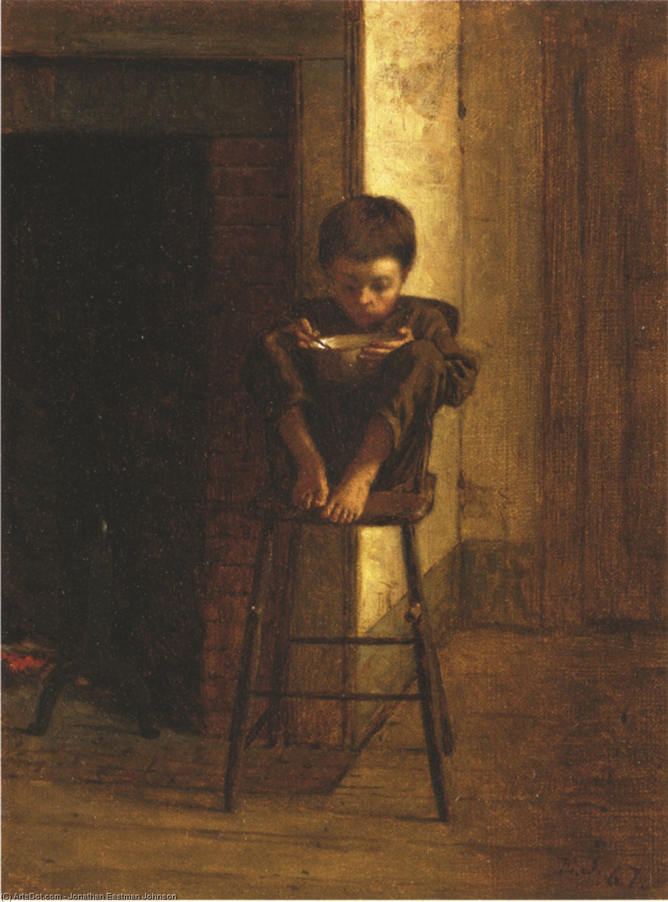 Little Girl With Red Jacket Drinking From Mug — Jonathan Eastman Johnson