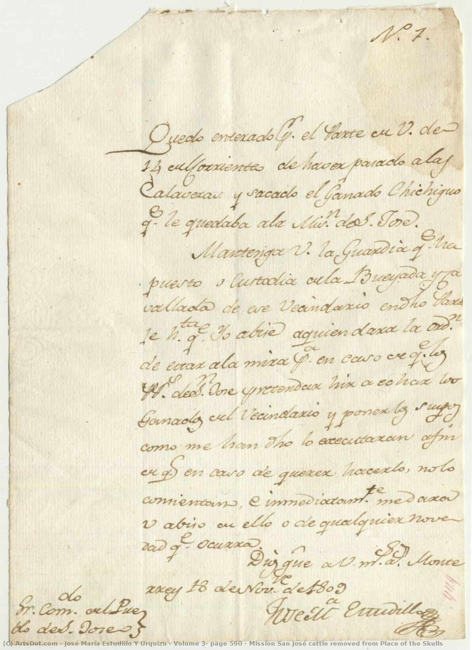 Volume 3, Page 590 / Mission San José Cattle Removed From Place Of The Skulls — José María Estudillo Y Urquizu
