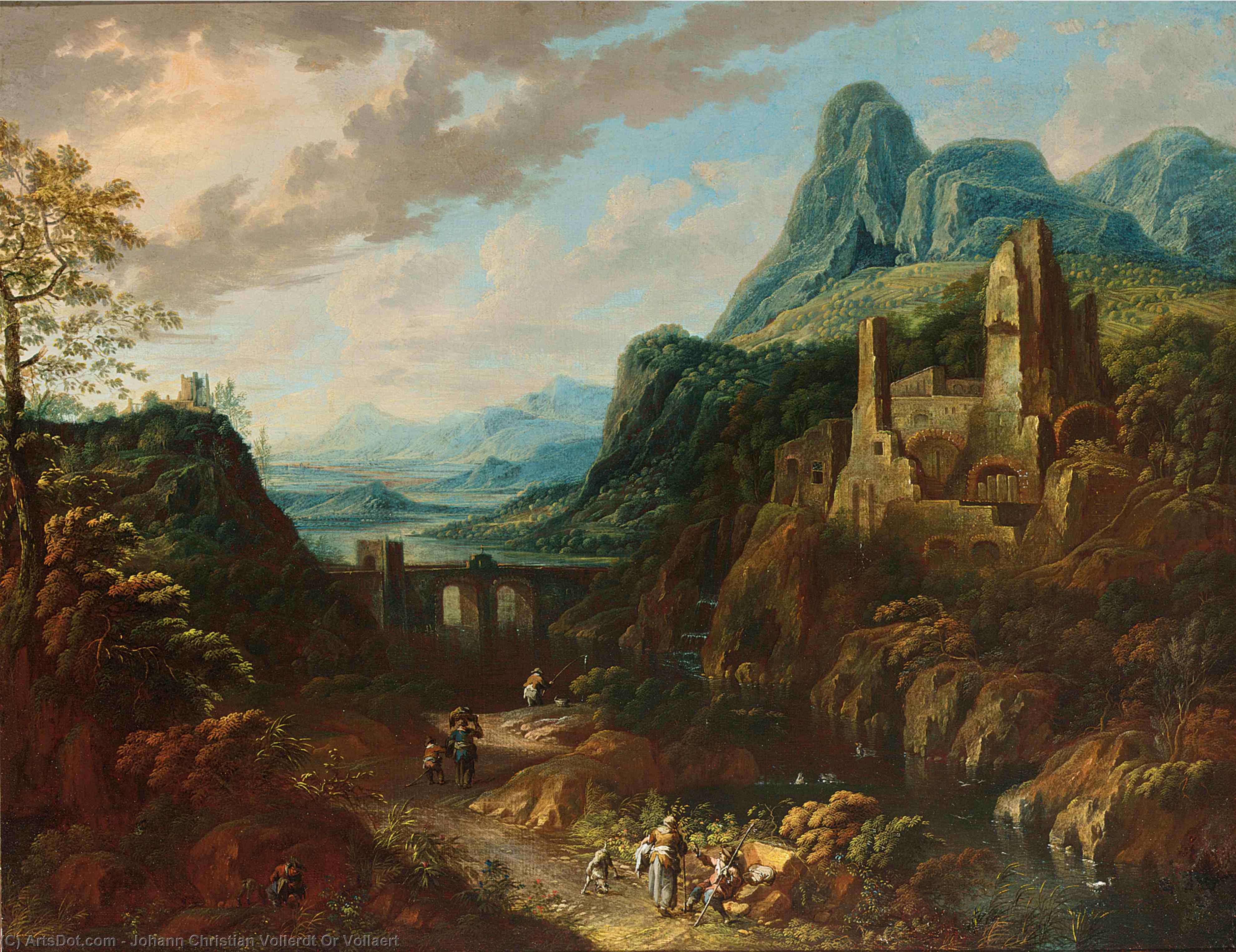 An Italianate River Landscape With Travellers And A Bridge Beyond — Johann Christian Vollerdt Or Vollaert