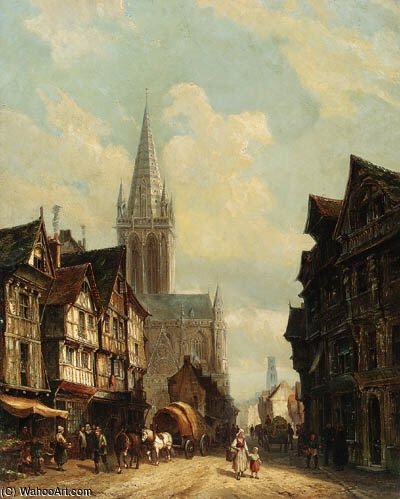 A Sunlit Townview With Figures Passing A Cathedral — Cornelis Christiaan Dommelshuizen