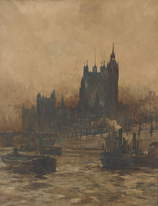 Tugs And Barges On The Thames Before The Palace Of Westminster — Charles Edward Dixon