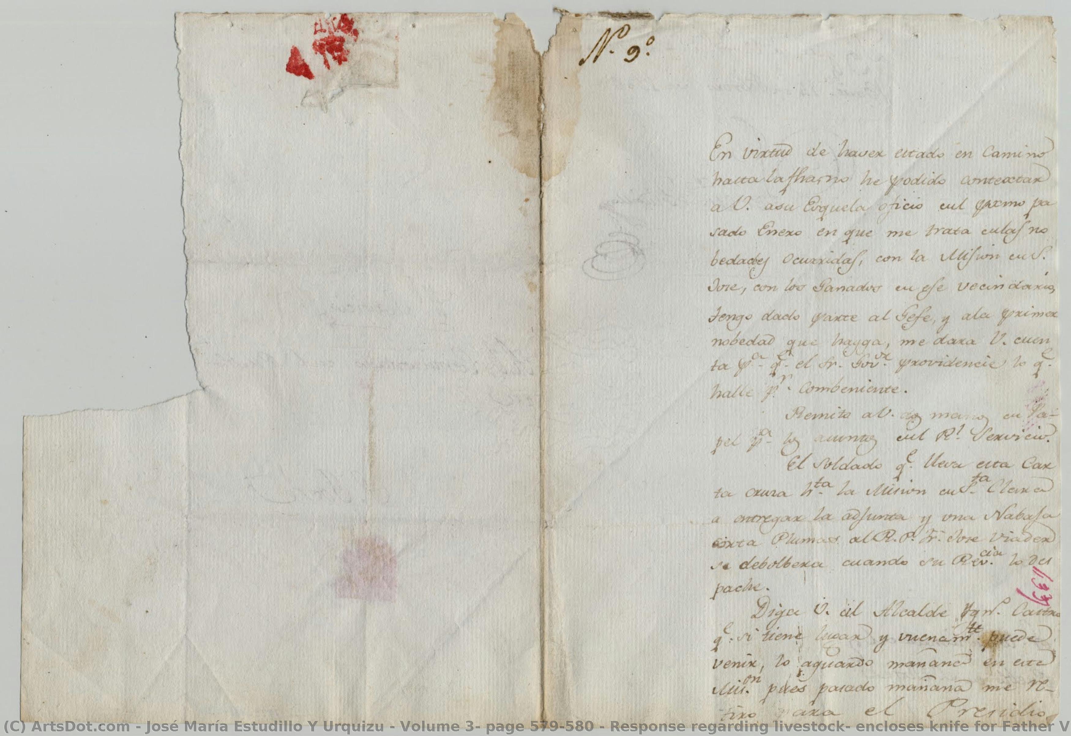 Volume 3, Page 579-580 / Response Regarding Livestock; Encloses Knife For Father Viader\n\npage 1 — Žosé Marija Estudilo I Urkizu
