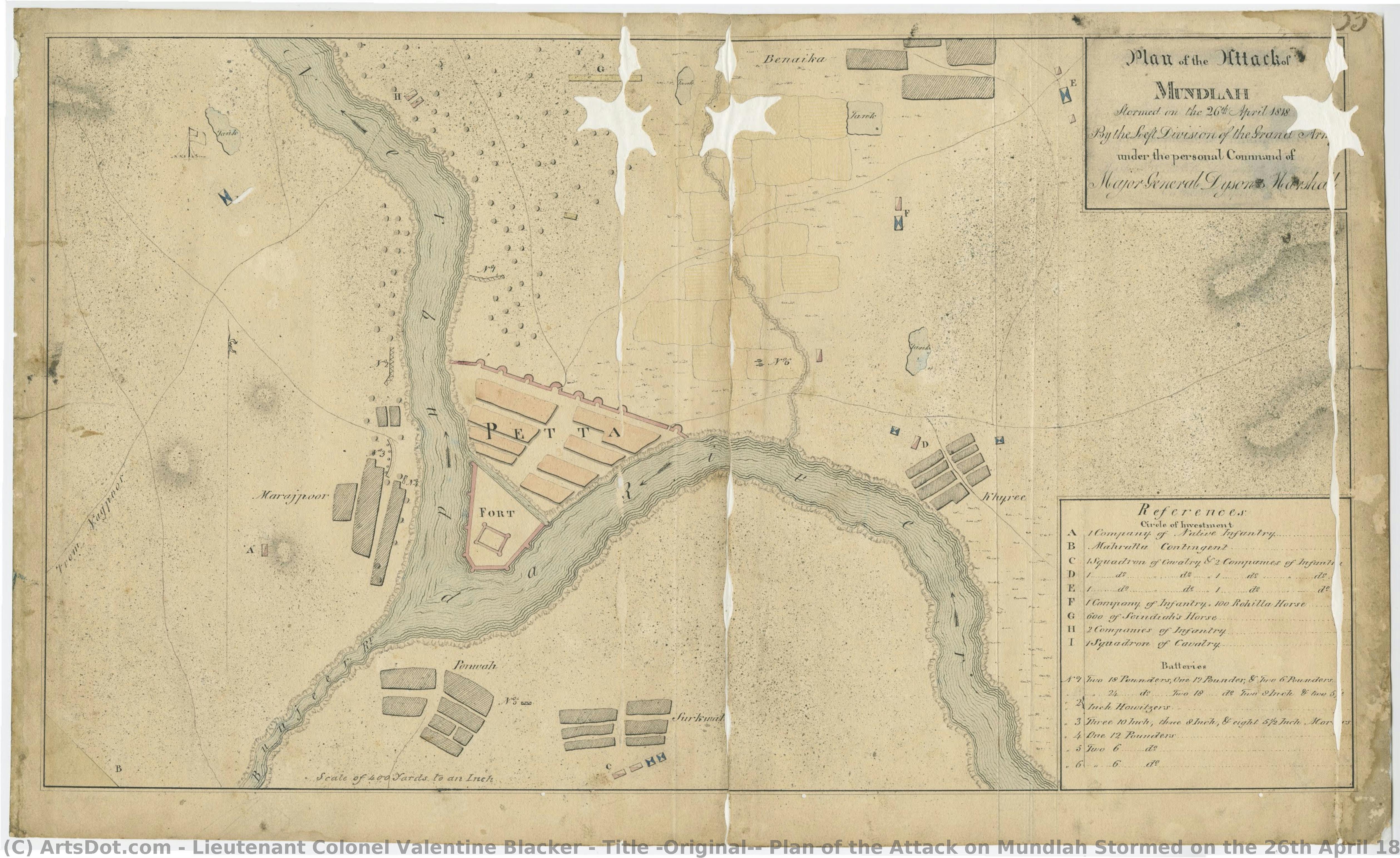 Title (original): Plan Of The Attack On Mundlah Stormed On The 26th April 1818 By The Left Division Of The Grand Army Under The Personal Command Of Major General Dyson Marshall. — Oberstleutnant Valentine Blacker