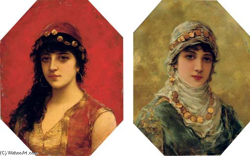 Portrait Of A Woman In A White Head Scarf; And Portrait Of A Woman In A Red Tunic With Gold Trim — Emile Eisman Semenovsky