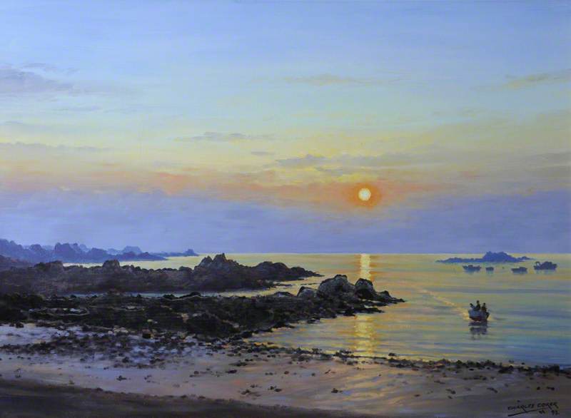Guernsey Seascape At Sunset With A Small Boat — Charles Coker