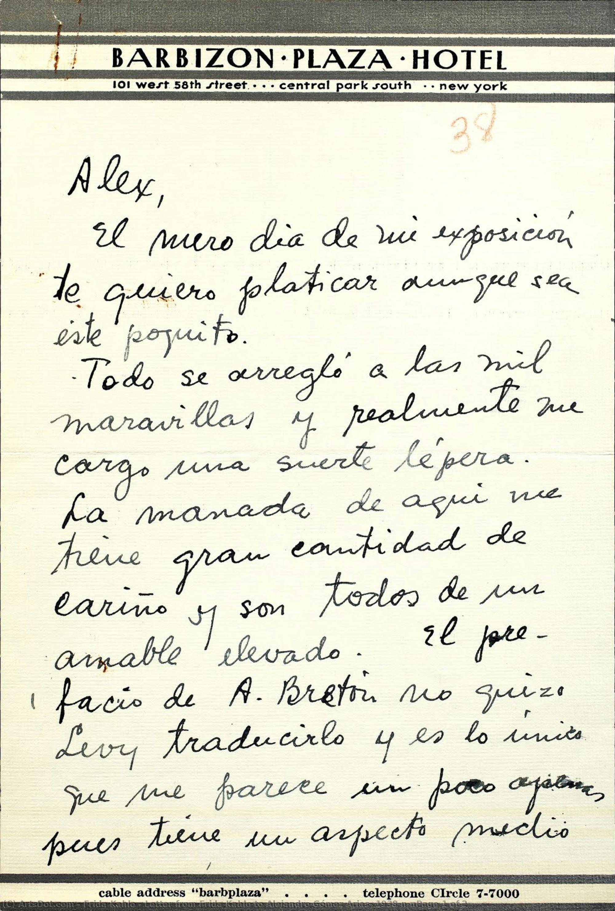 Letter From Frida Kahlo To Alejandro Gómez Arias, 1938\n\npage 1 Of 2 — Frida Kahlo