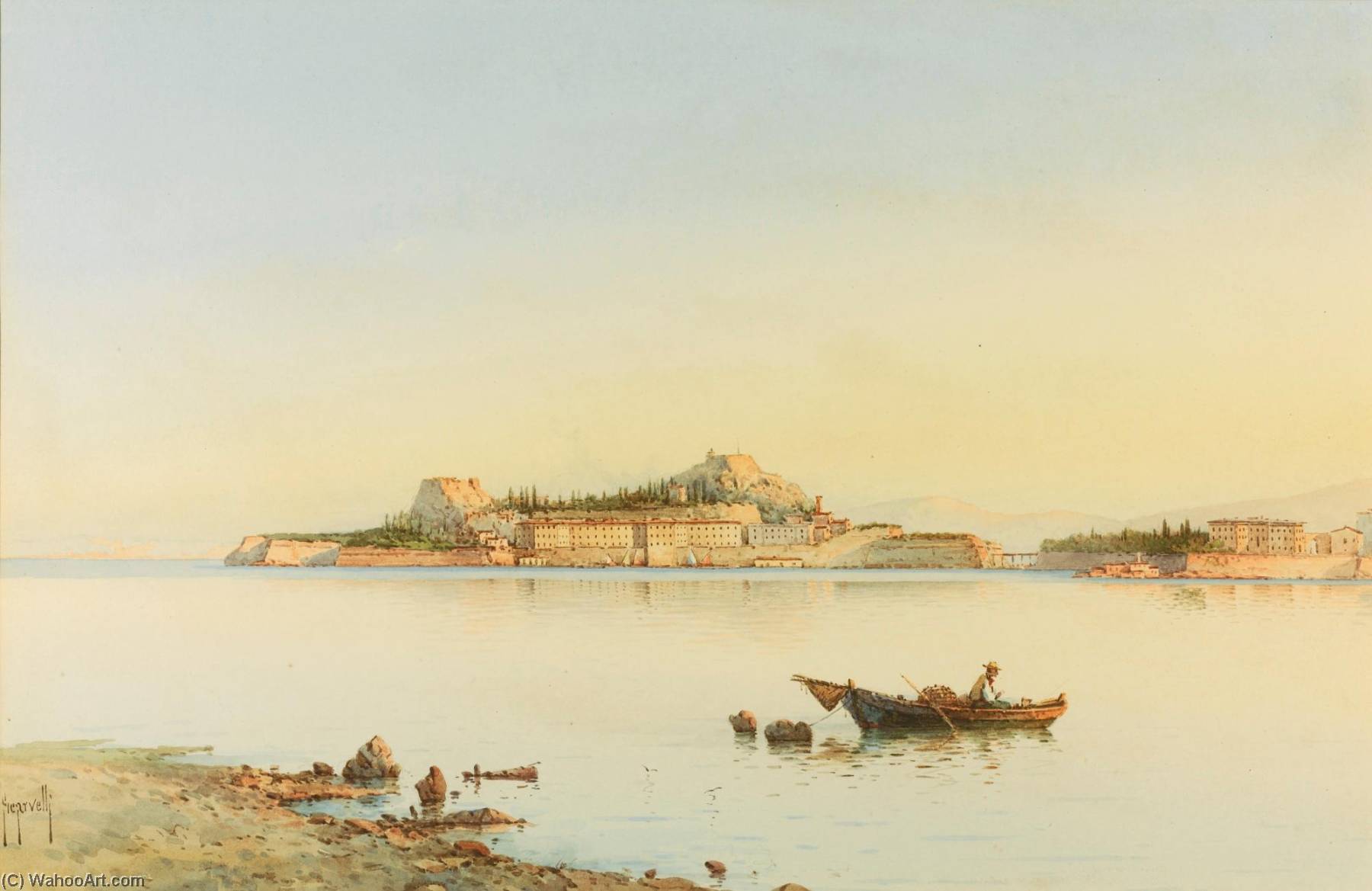 Watercolour View Of The Venetian Fortress On The Headland Of Corfu Town By Spyridon Scarvelli, Signed Lower Left, 280 X 430mm., Framed And Glazed — Spyridon Scarvelli
