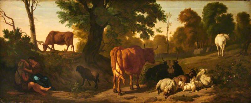 Landscape With Cattle, Sheep, A Horse, A Goat And A Courting Couple Of Rustics — Dirck Van Den Bergen