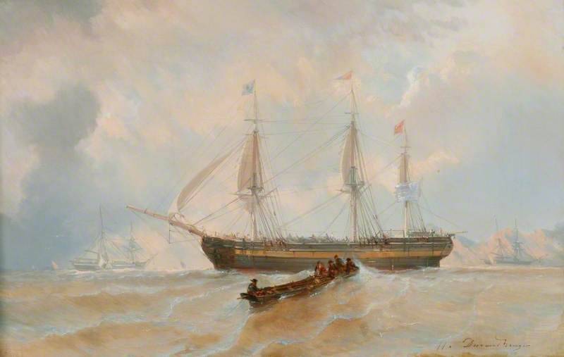 A Ship And A Longboat — Jean Baptiste Henri Durand Brager