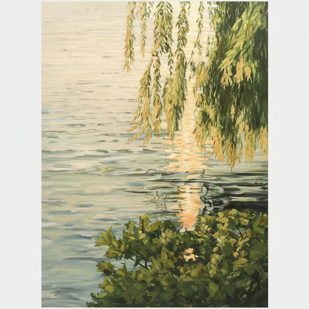 Golden Reflections Of The Weeping Willow In A Serene Morning Mist — Laurent Fontaine