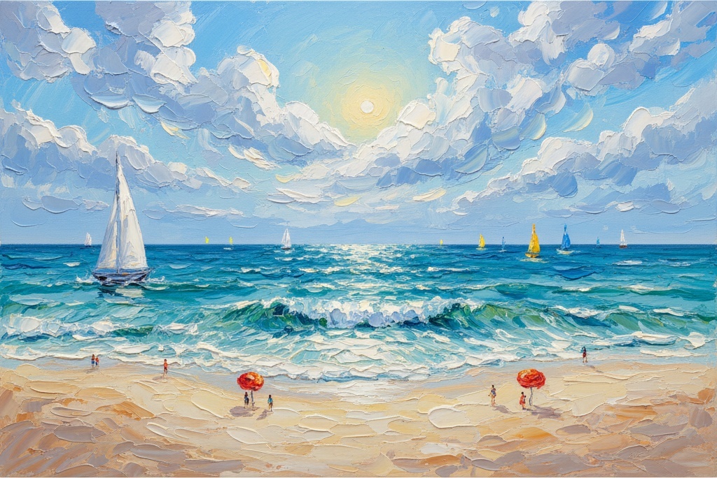 Cerulean Horizon: Eine Singuläre Impasto-studie Von Sonnenbeschienenen Segeln Und Brechenden Gezeiten — Christian Noiret