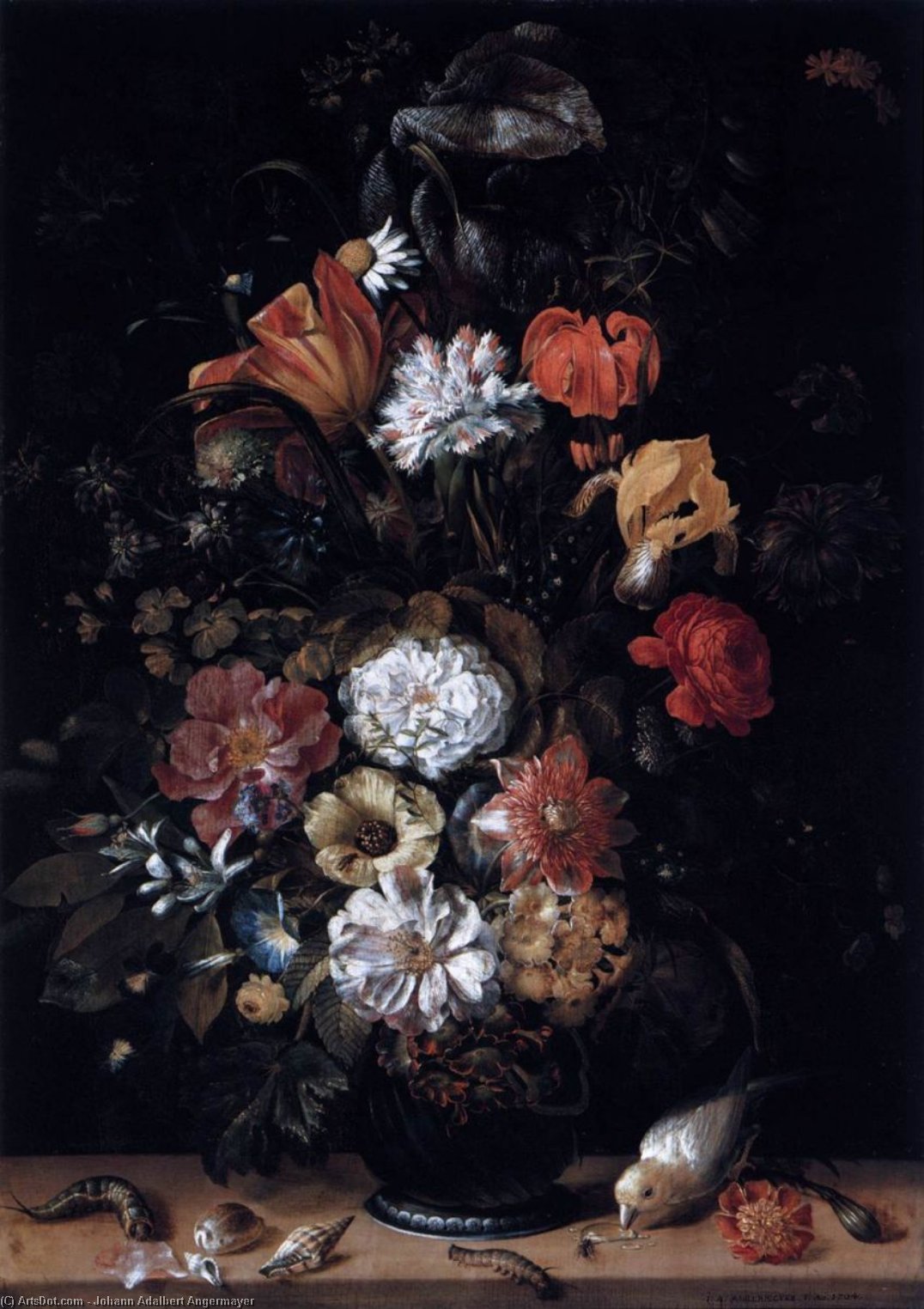 Bouquet Of Flowers With Animals — Johann Adalbert Angermayer
