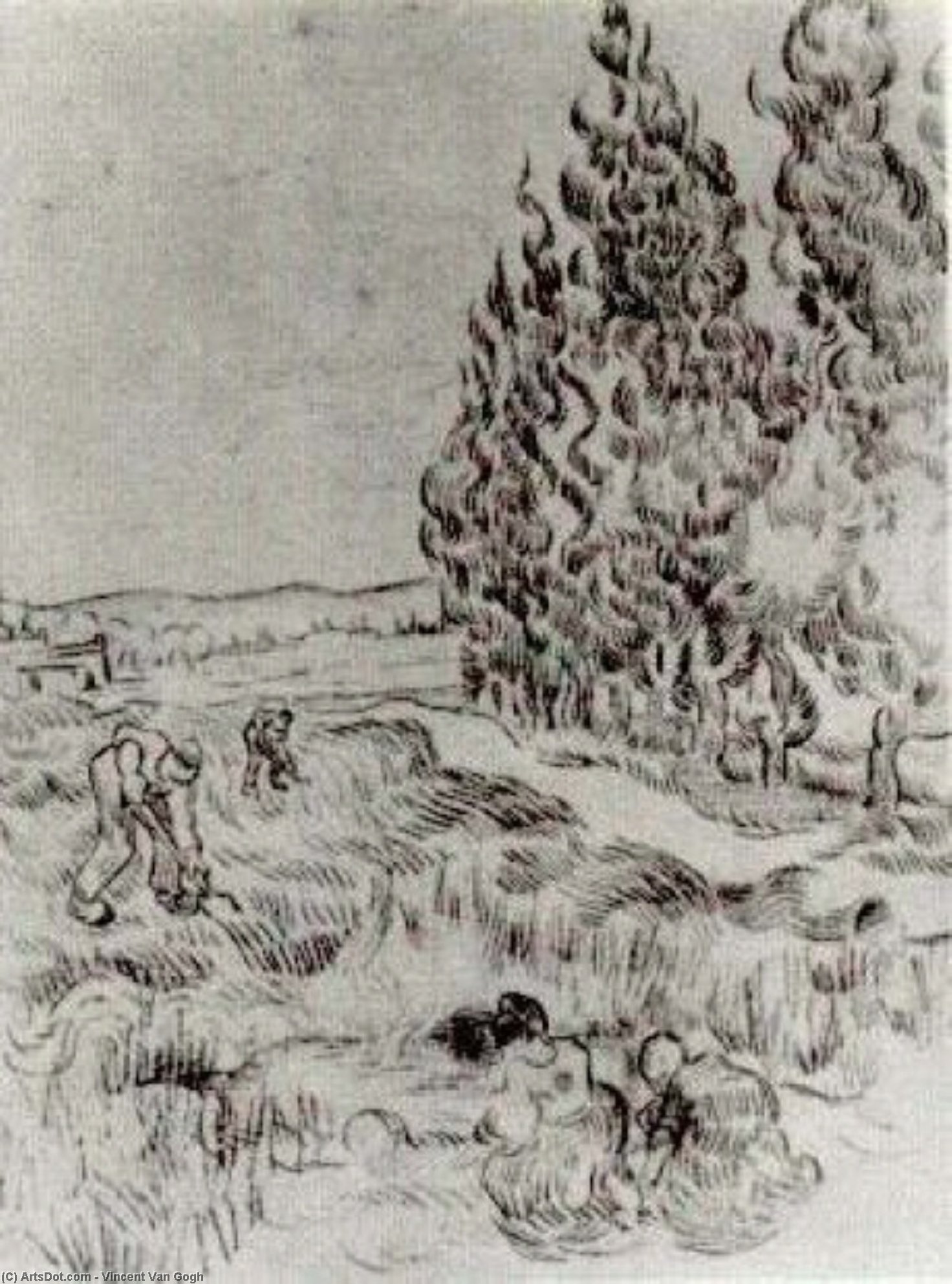 Cypresses With Four People Working In The Field — Vincent Willem Van Gogh