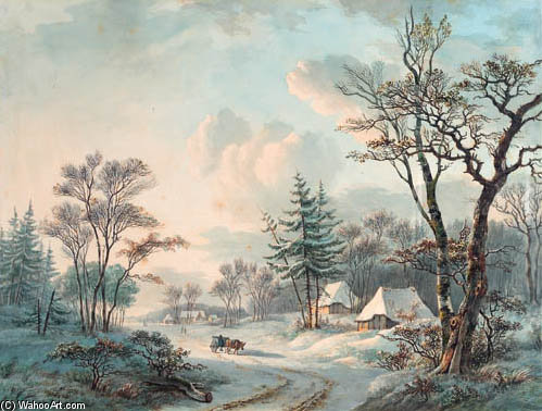A Winter Landscape With An Ox-cart On A Wooded Road Near A Village — Willem De Klerk