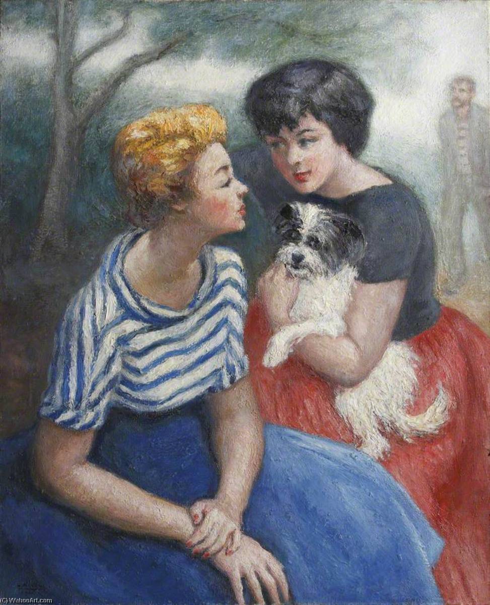 Two Girls Seated Holding A Small Dog — Georges Van Houten
