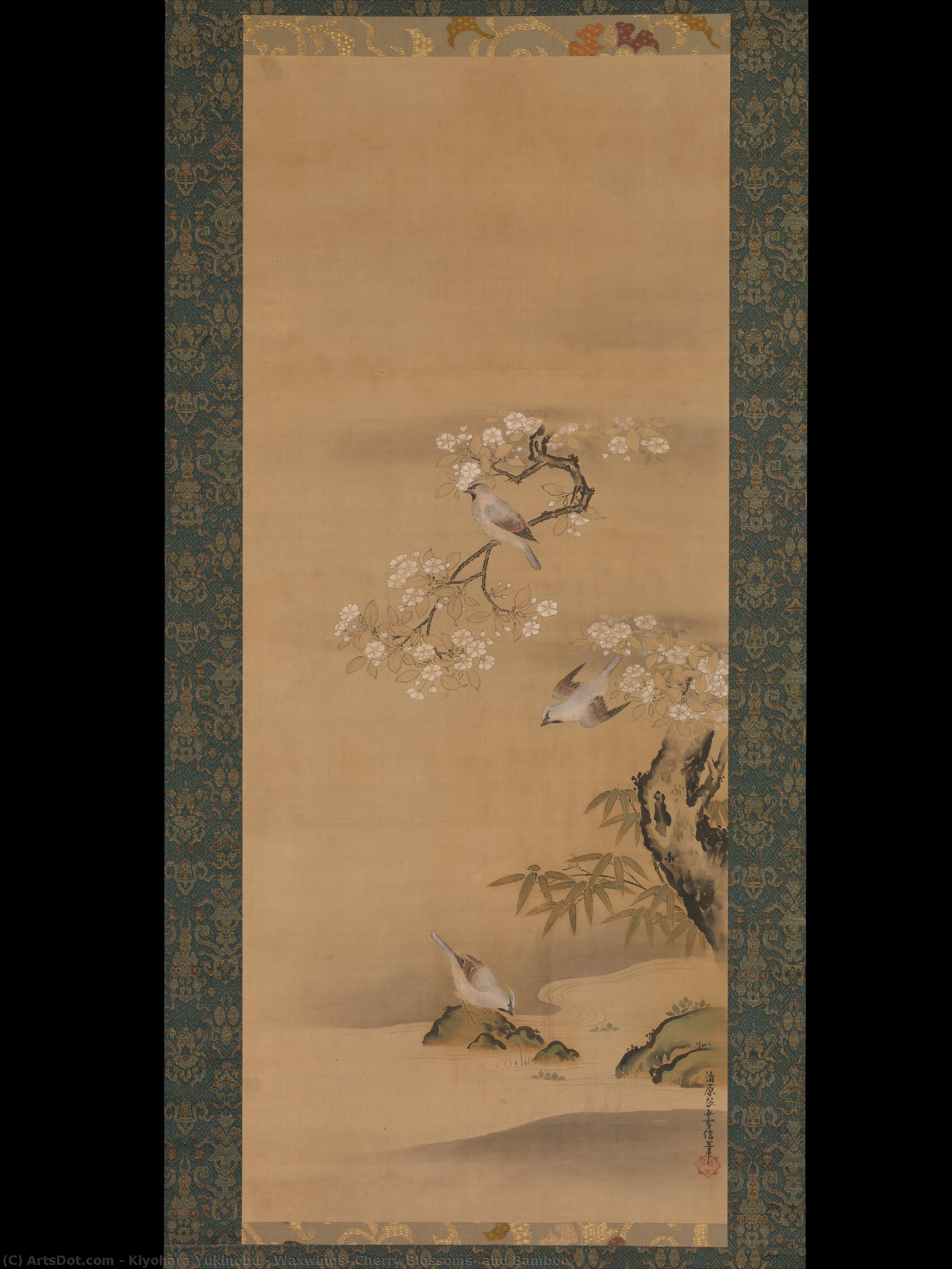 Waxwings, Cherry Blossoms, And Bamboo — Kiyohara Yukinobu