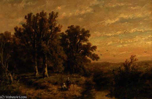 A Wooded Summer Landscape With A Peasant Couple By A Stream — Anthonie Jacobus Van Wijngaerdt
