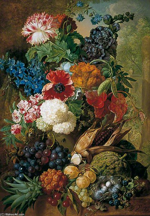 Still Life Of Fruit And Flowers With Bird's Nest On A Marble Ledge — Jan Van Os