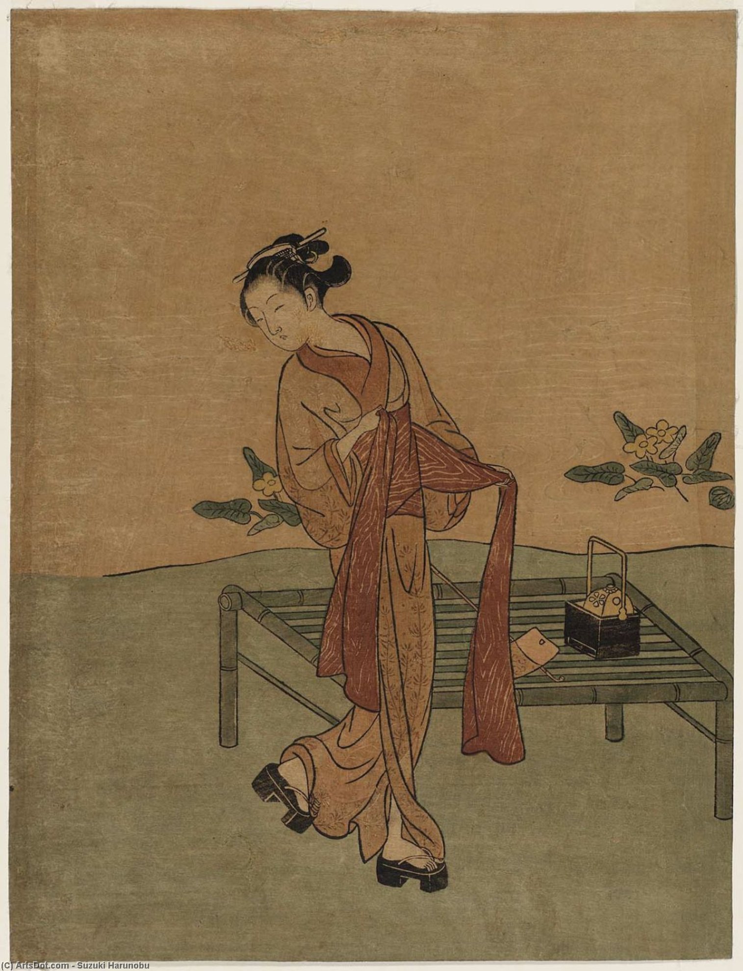 Young Woman Tying Her Obi Beside A Bamboo Bench — Suzuki Harunobu