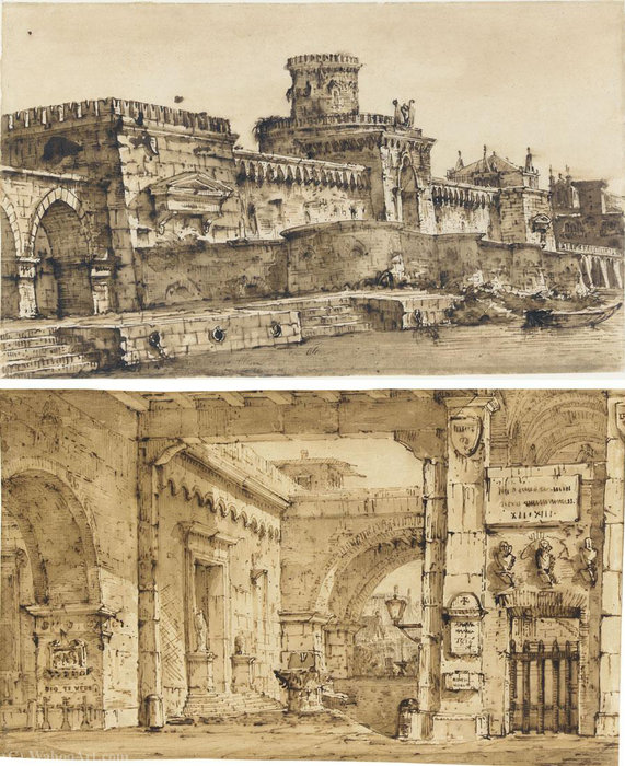 A Courtyard With Walls Bearing Plaques, Busts And Other Motifs, And A Crenellated Fort With A Canal In The Foreground — Pietro Di Gottardo Gonzaga