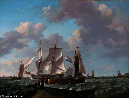 Ships In A Squall With Figures On The Shore — Johannes Hermanus Koekkoek