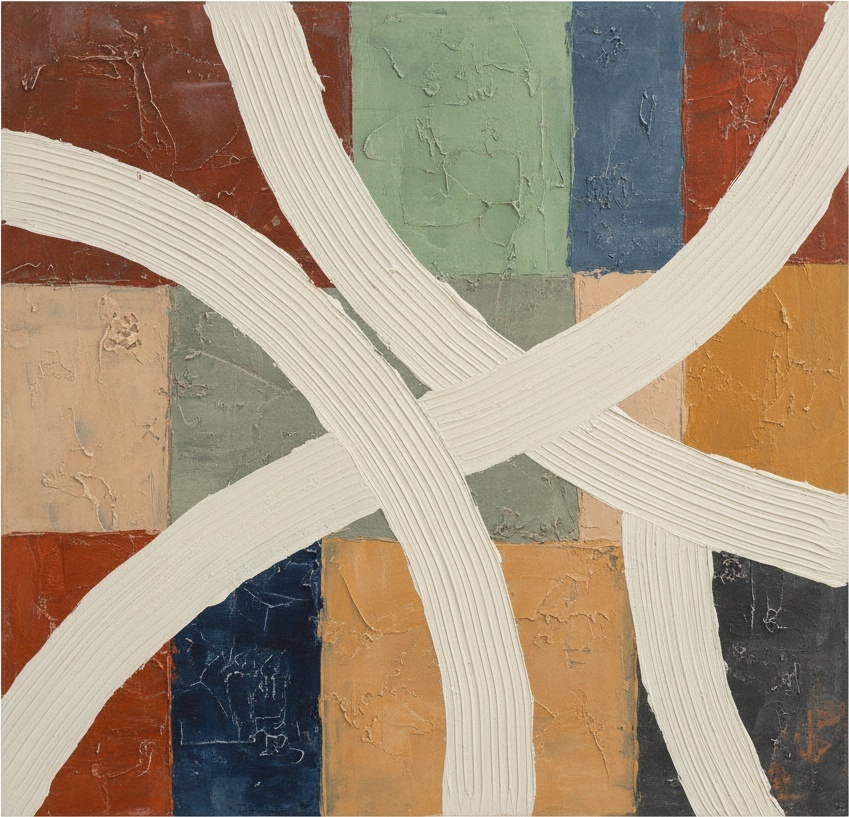 Sculptural Alabaster Ribbons Sweeping Across A Fragmented Mosaic Of Weathered Earth Tones — David Moreau