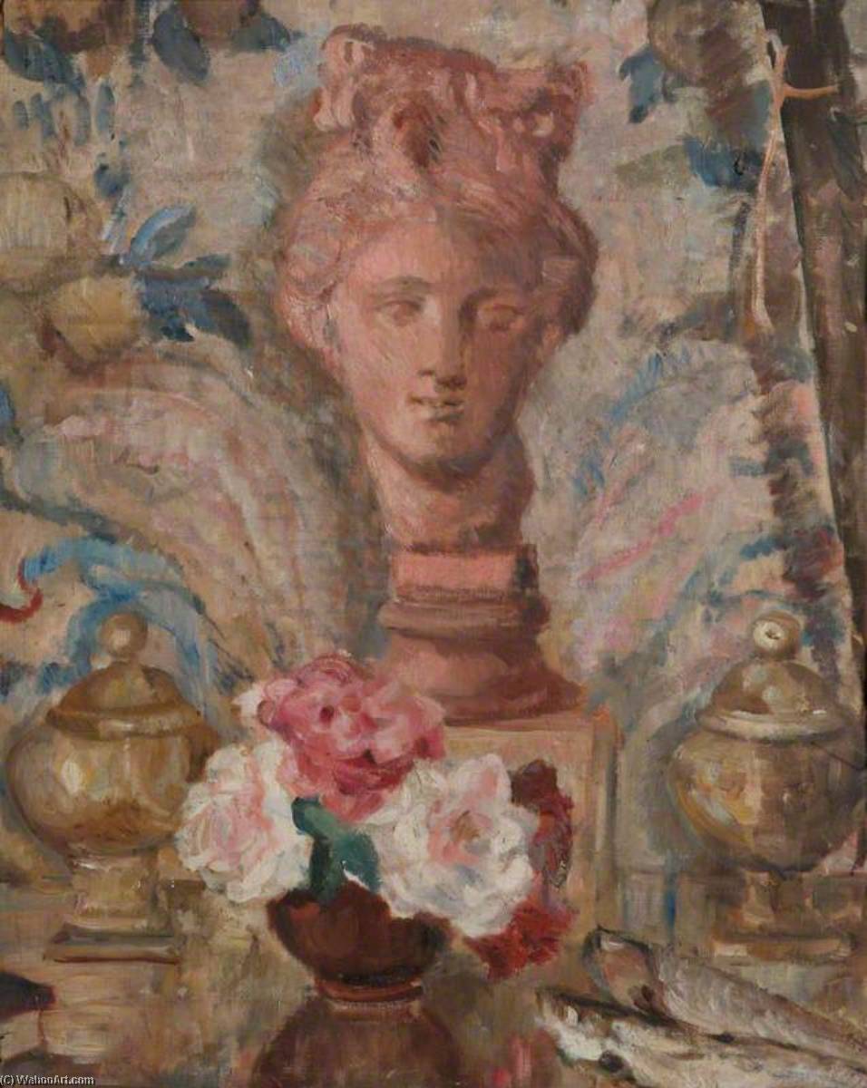 Still Life Of A Terracotta Head With A Vase Of Flowers And Two Urns — Alan Francis Clutton Brock